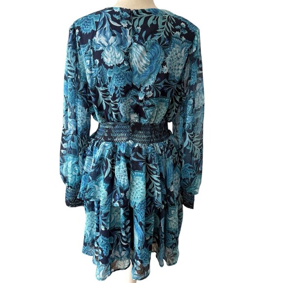 L'Atiste by Amy Layered Ruffle Tiered Dress Blue Floral Women's 1X Sheer Sleeves - Picture 4 of 16